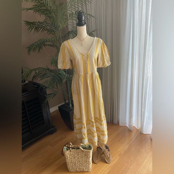 Geometric Embroidered Tie Back Yellow Midi Dress NWOT - Picture 1 of 6